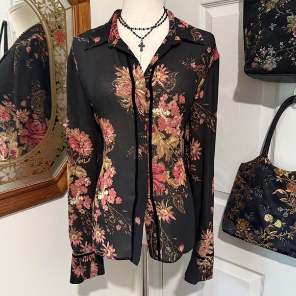 Emma James Tops - VTG Y2K Emma James Sheer Black Pink Floral Long Sleeve Button Up Dark Femme Top